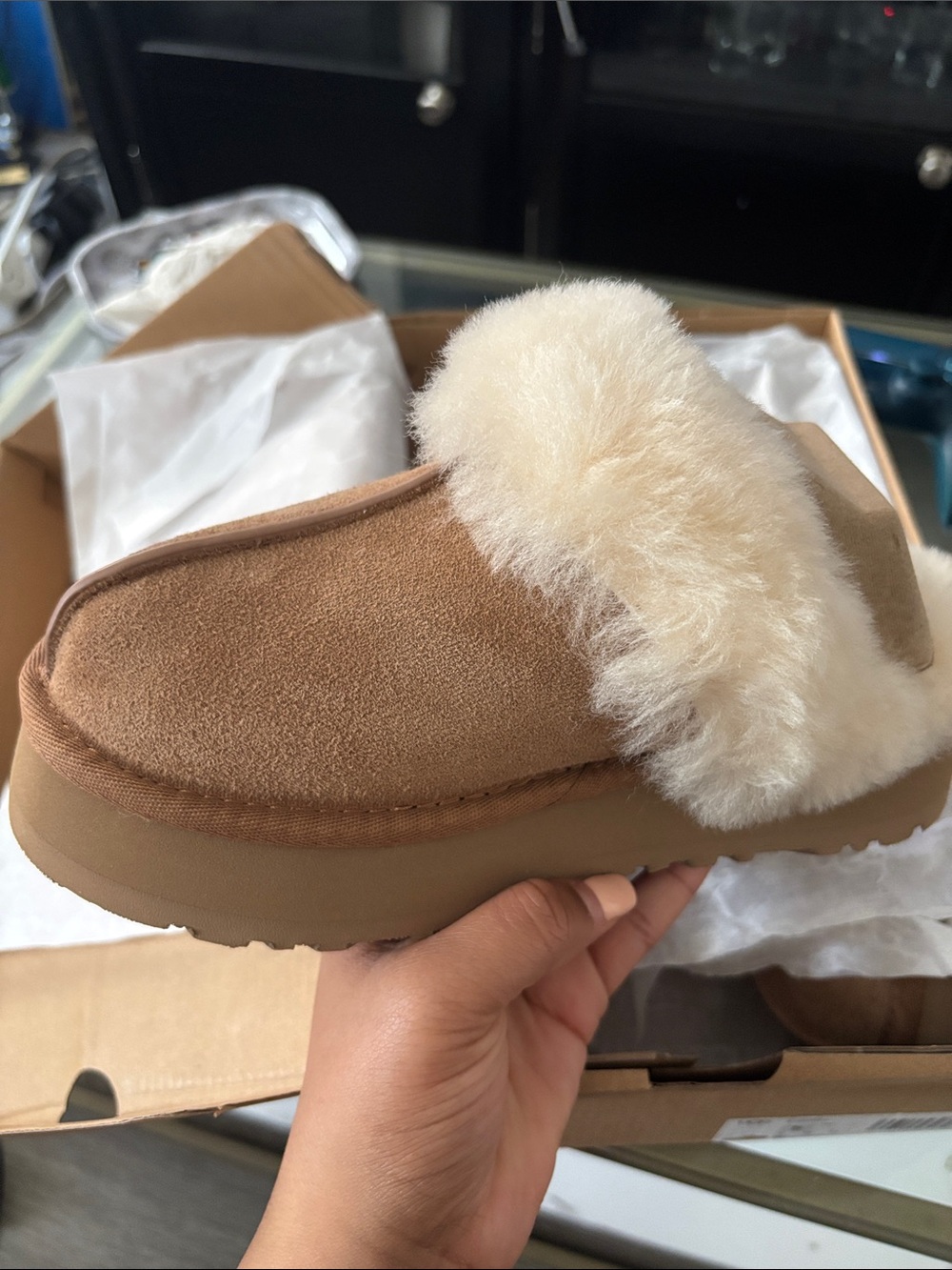 UGG Chestnut Suede Slip-On Slipper with Cream Shearling Trim - Picture 4 of 6